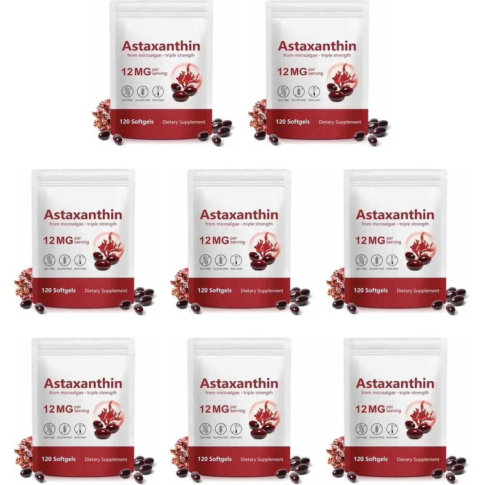 Astaxanthin 12mg Softgels תמיכה בנוגדי חמצון בעוצמה משולשת לעור מפרקי עיניים ובריאות החיסונית - אספקה ​​של 120 ספירות למשך 4 חודשים