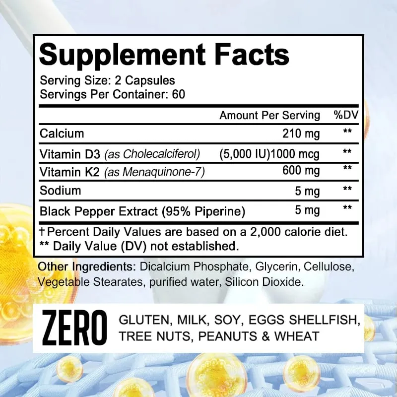 Bcuelov Vitamin D3+K2 5000 IU Vitamin D3 non-GMO formula easy-to-swallow vitamin D and K complex dietary supplement — image 3