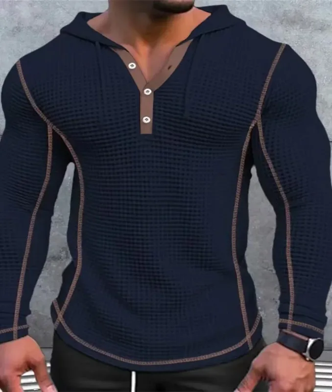 Waffle Solid Fabric Slim Fit Hoodies Men V-neck Button Casual Sweatshirts Hip Hop Street Sweater Men's Sports Tops Long Sleeve — image 5