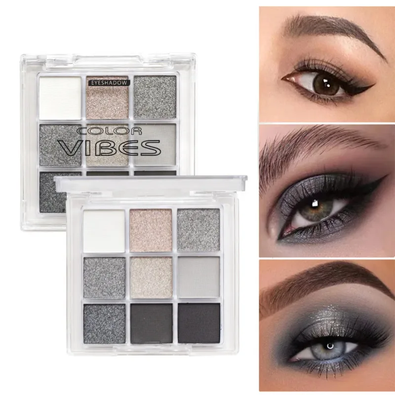 9 χρωμάτων Smoky Black Grey Palette Eyeshadow Matte Shimmer Cool Silver Grey Eye Palette Makeup High Pigment for Punk Party Stage