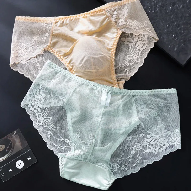 3PCS Men Sexy Lace Triangle Briefs Sexy Low Waist Seamless Panties Male Thin Breathable Comfortable Transparent Underwear