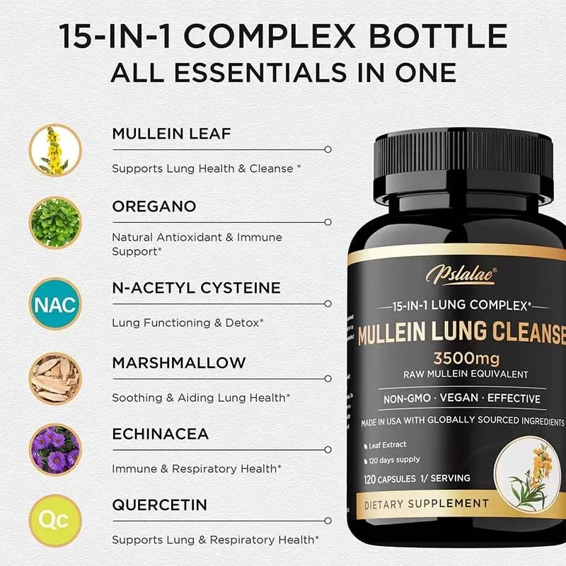 Mullein Lung Cleansing - Lung Clearing Lung Health Immunity - Smoker's Respiratory Supplement Vegetarian Capsules