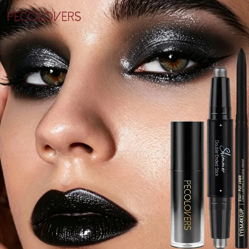 3 ΤΕΜ/ΣΕΤ ματ κραγιόν+μαύρο eyeliner+γυαλιστερό στυλό για σκιές ματιών που ταιριάζουν για να δημιουργήσετε ένα μακιγιάζ μακιγιάζ μακράς διάρκειας για Απόκριες/πάρτι