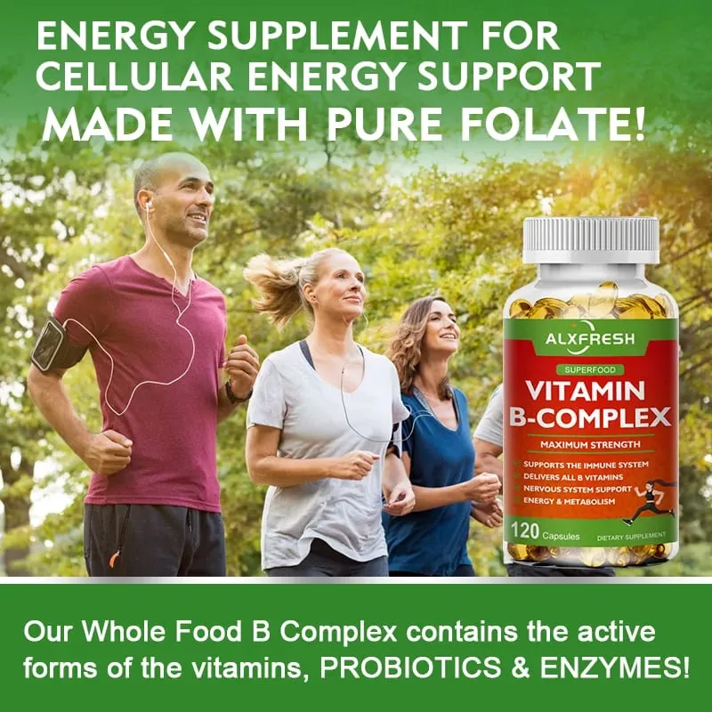 B-komplex vitamin-kiegészítők (B12 B1 B2 B3 B5 B6 B9 folsav és biotin) a stressz enyhítésére, hangulatra, immunrendszert támogató kapszula — image 3