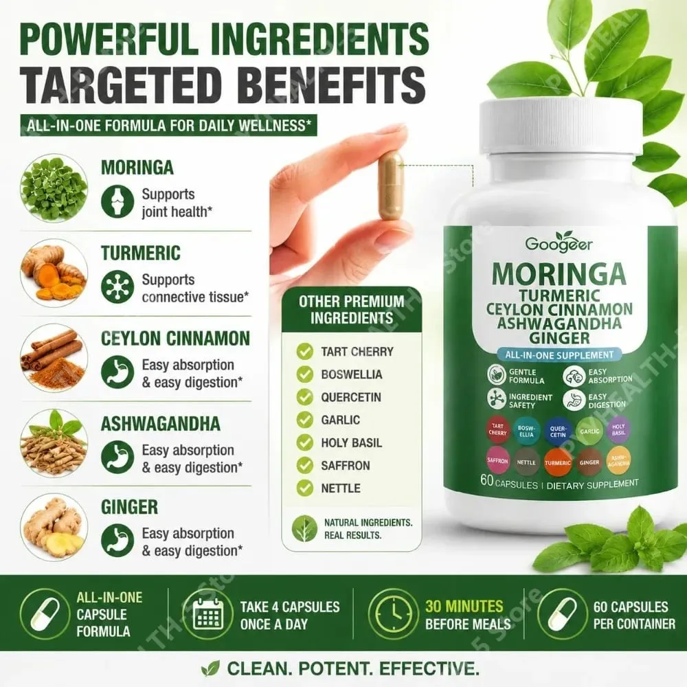 Googeer Moringa Kurkuma Capsules Alles-in-één voor gewrichtsgezondheidsondersteuning met Ashwagandha Gember en Ceylon Kaneel 60 Capsules — image 4