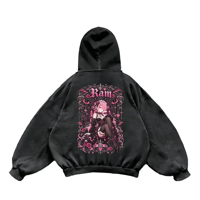Anime Re:Zero Ram Gothic Hoodies Vintage Washed Streetwear Herr Dam Kläder Höst Långa ärmar Oversized 100 % bomull huvtopp