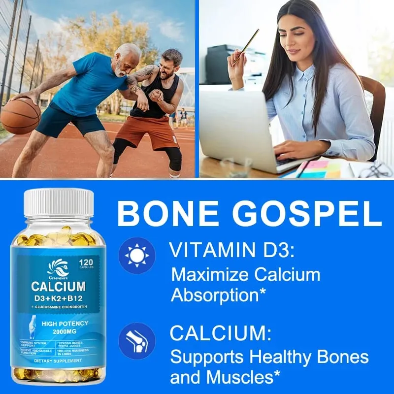 Calcium Vitamin D3 Plus with B12 K2 - High Potency Food Based Immune - Support Bone Health & Mood Balance Supplement