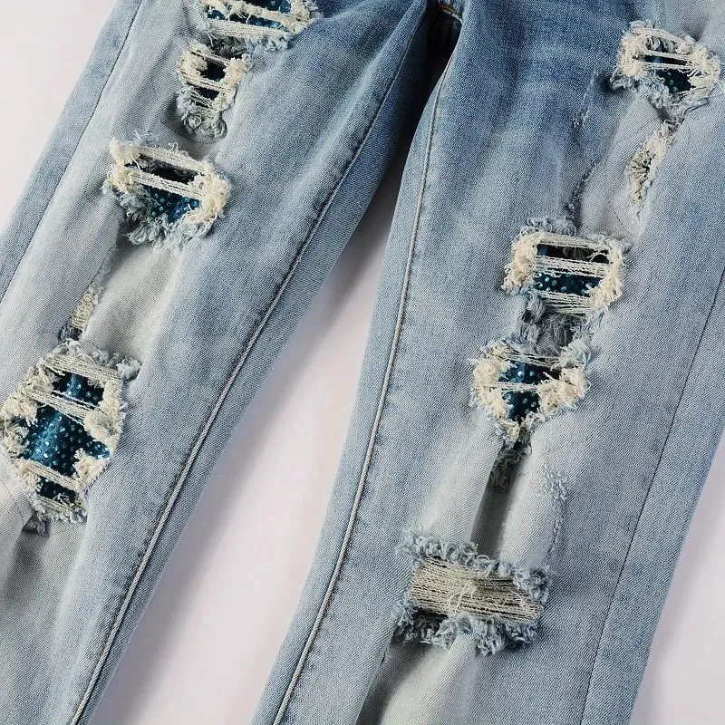 Men Crystal Patch Denim Jeans Streetwear Blue Patchwork Stretch Pants Ripped Distressed Skinny Tapered Trousers