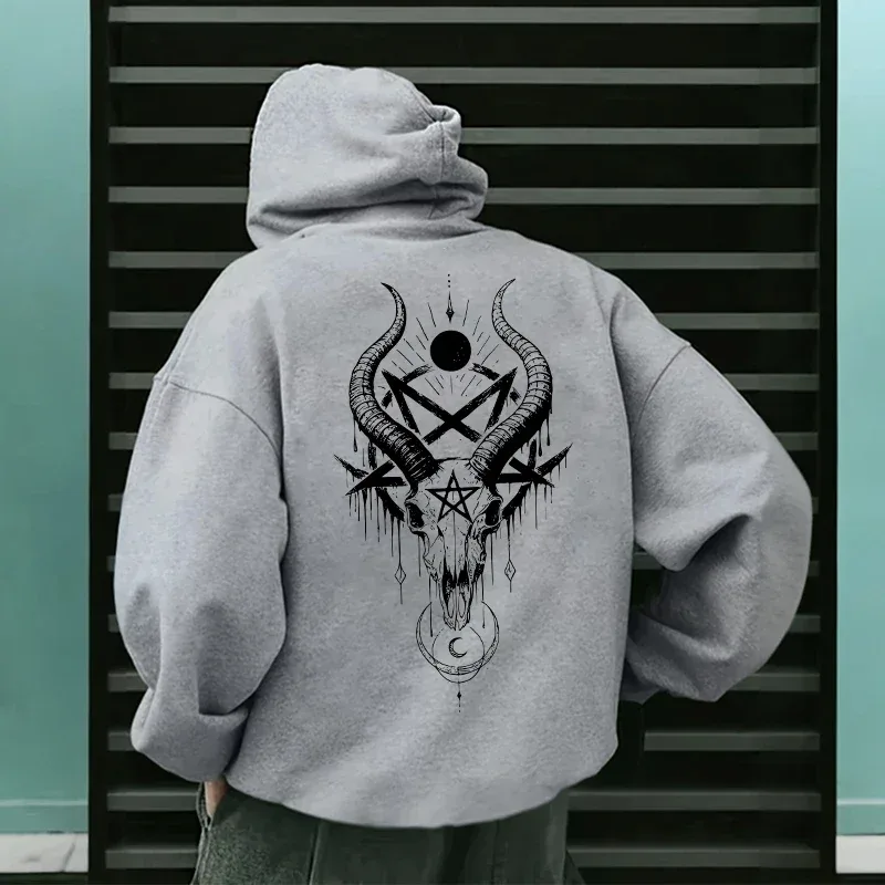 Musim Gugur Musim Sejuk Lelaki Topi Pullover Kasual 666 & Salib Terbalik Hoodies Gothic Lelaki Bercetak Seram Setan Baju Jalanan — image 20