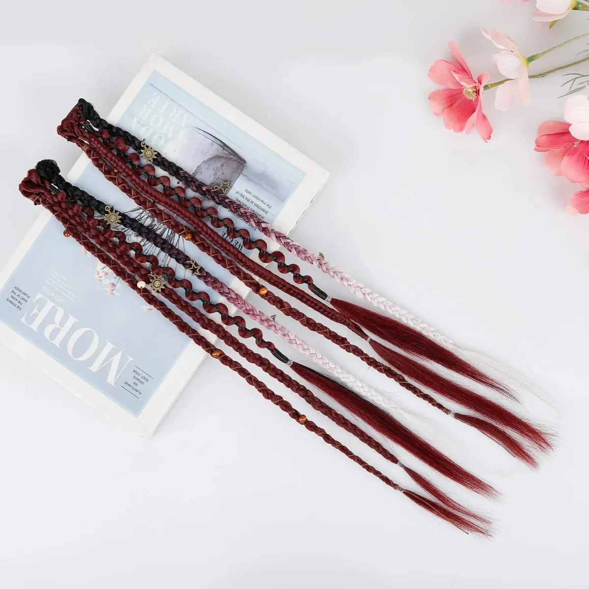 Boho Ombre Μπορντό πλεκτό Extensions Ponytail Hair Extensions Συνθετικές πλεξούδες με Bohemian Viking Hair Pieces for Women Carnival Party — image 6