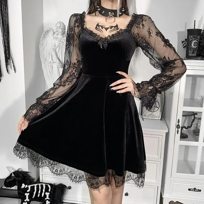 Mall Gothic Emo Jacquard Φορέματα σε γραμμή Α Goth Φόρεμα Κομψό Grunge Ruched Bandage Partywear Punk Black Women Halloween Club Dress