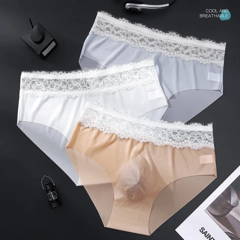 Pantaloni a triangolo da uomo in seta ghiacciata con bordo in pizzo, biancheria intima da uomo sottile traspirante senza tracce, slip maschili morbidi e confortevoli a vita bassa — image 5