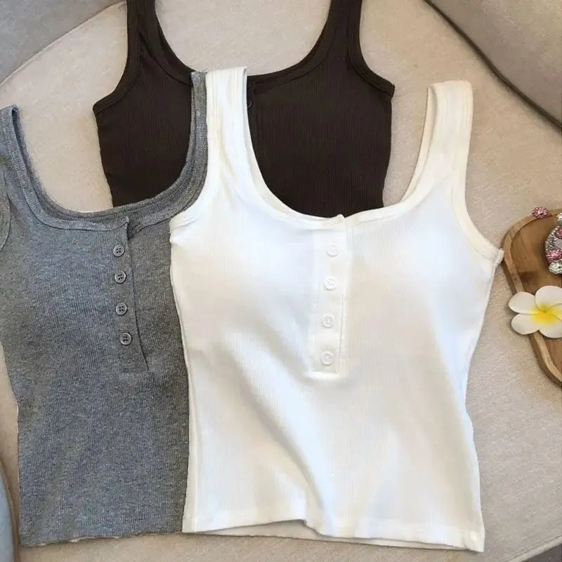 1Pcs Women's Ribbed Henley Tank Top Square Neck Button Front Built-in Bra Sleeveless Camisole