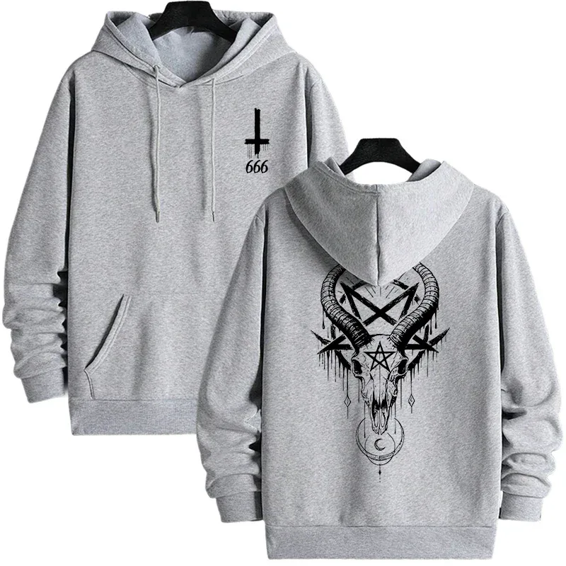 Musim Gugur Musim Sejuk Lelaki Topi Pullover Kasual 666 & Salib Terbalik Hoodies Gothic Lelaki Bercetak Seram Setan Baju Jalanan — image 21