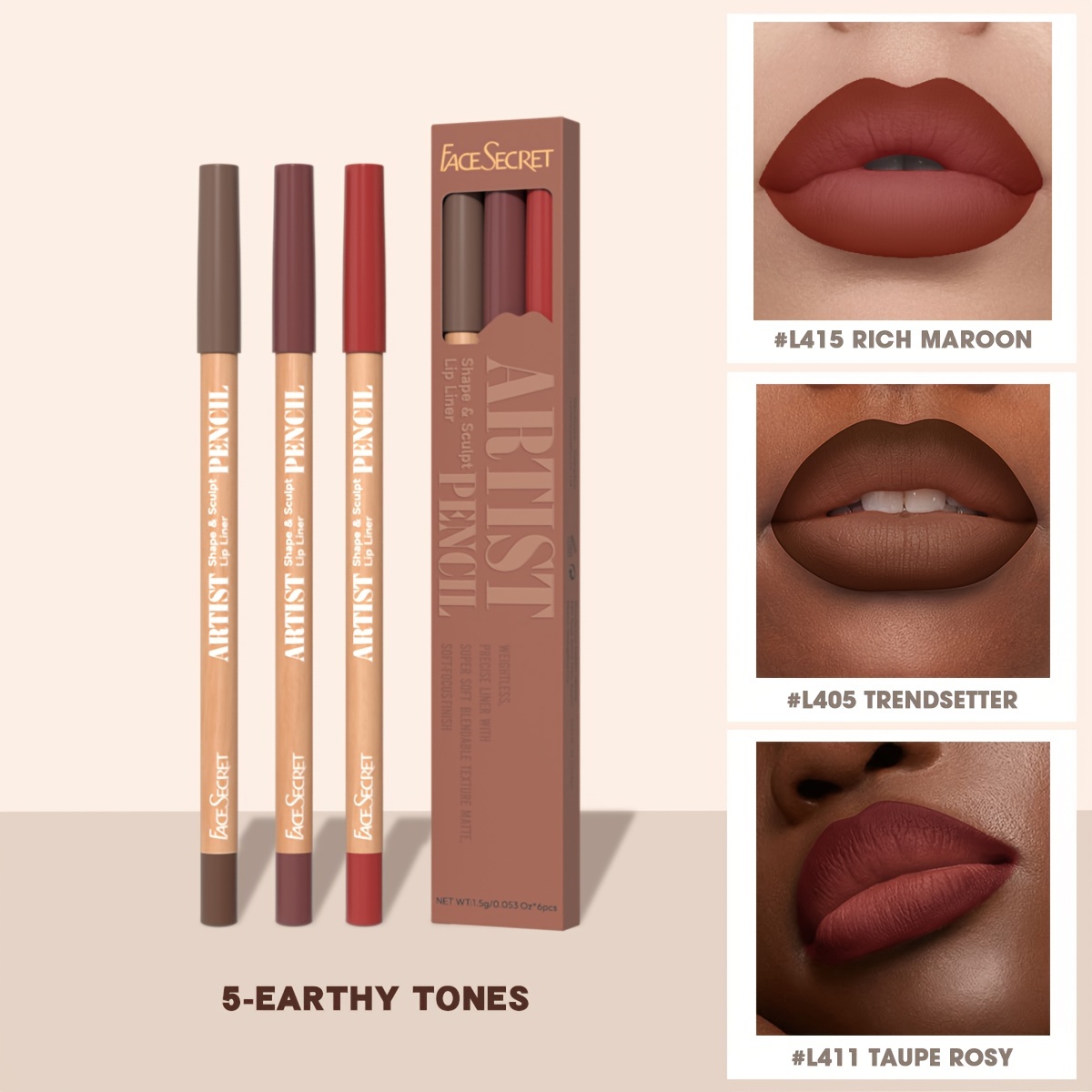 Face Secret 3 τμχ Σετ Nude Lip Liner Φυσικό ματ μακράς διαρκείας αδιάβροχο μακιγιάζ με μολύβι χειλιών με γάντζο γραμμής υψηλής χρωστικής