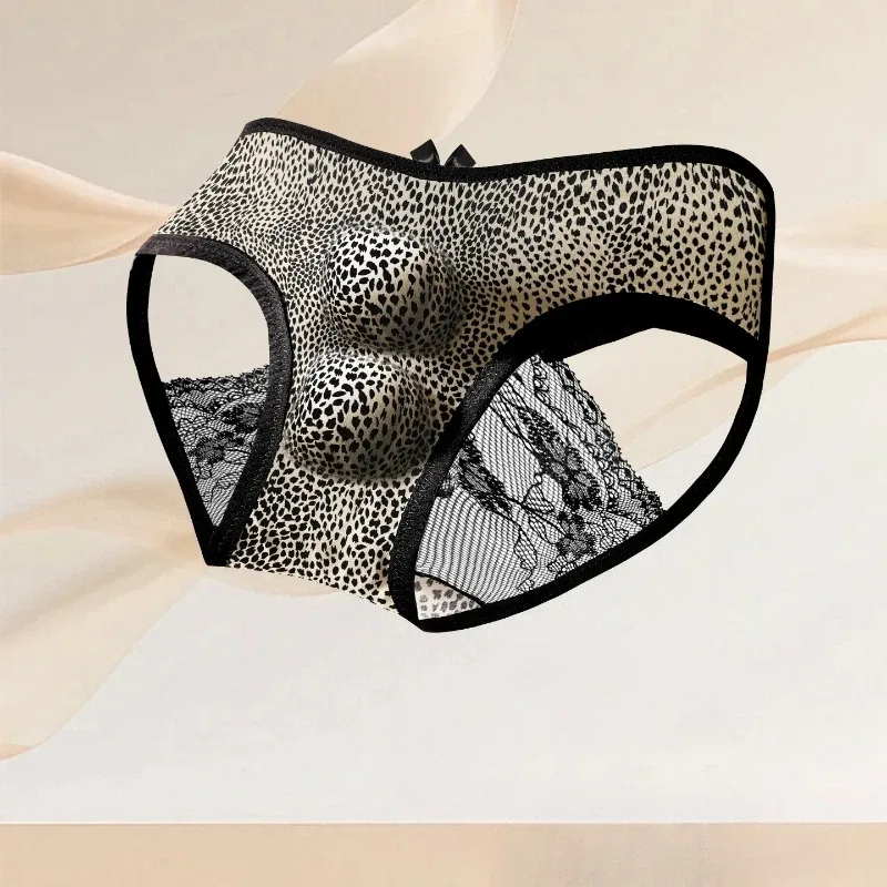 Men's Sexy Underwear Hollow Lace Back Sheer Panties Ice Silk Leopard Printed 3D Bullet Separation Pouch Sissy Underwear — image 4