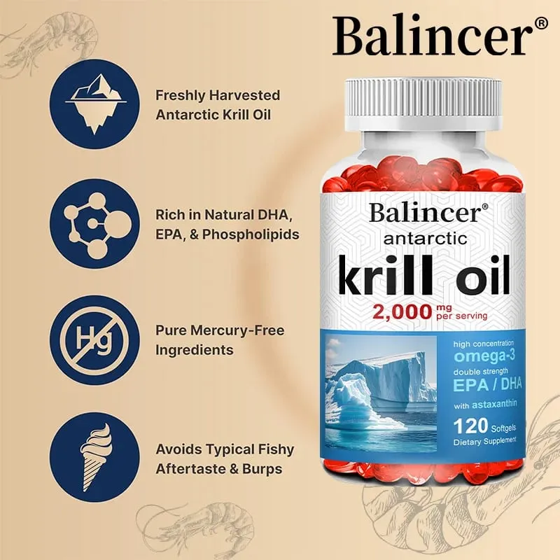 Συμπλήρωμα Antarctic Krill Oil 2000mg 3X Strength Natural Source of Omega-3s EPA 240mg + DHA 160mg + Astaxanthin 800mcg