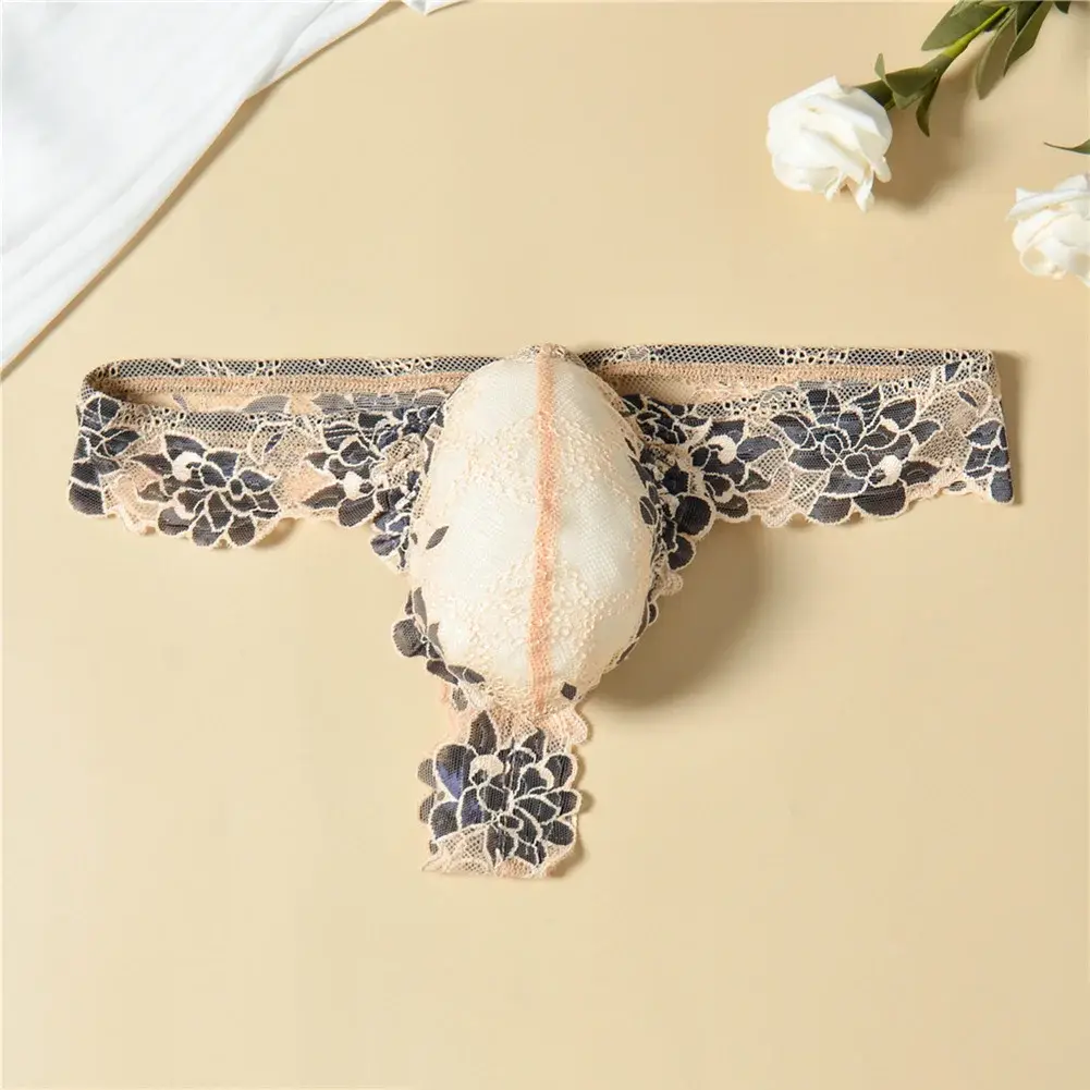 Men Floral Lace Thong Low Rise Elastic Waist G‑String Breathable See‑Through Floral Print Male Underwear Sexy Lingerie Panties