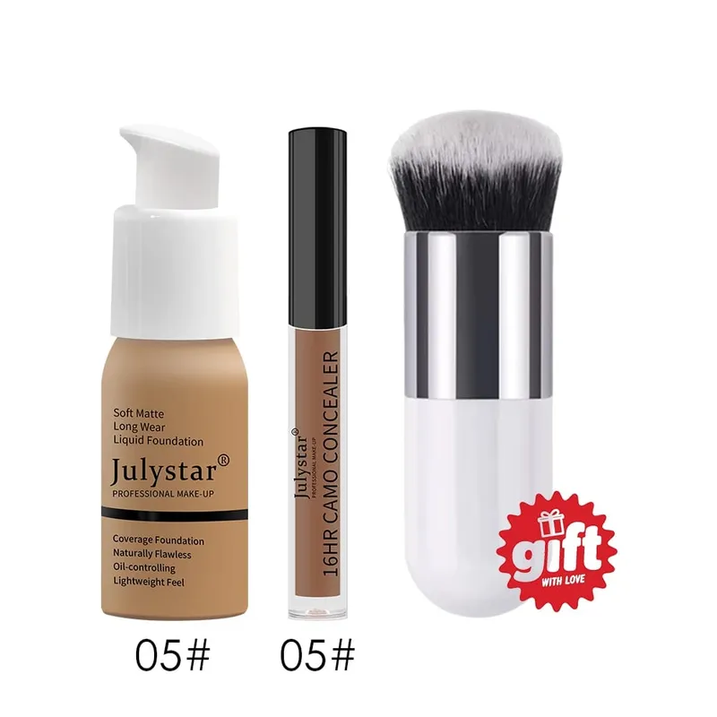 3‑Pc Base Makeup Kit Foundation&Concealer Free Brush. Matte 16H Oil‑Control Lightweight Full-Coverage para sa Natural na Pang-araw-araw na Mukha