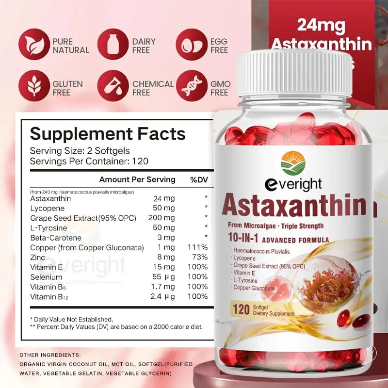 Ασταξανθίνη 24 mg – Ισχυρό αντιοξειδωτικό για το ανοσοποιητικό σύστημα των ματιών του δέρματος – 10-σε-1 Φόρμουλα λυκοπένιο Βιταμίνη Ε και Ψευδάργυρος από σπόρους σταφυλιού — image 6