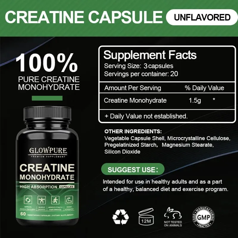 Creatine Monohydrate Capsules for Enhance Muscle Mass Strength & Performance Improvement Workout Recovery Mass Gainer
