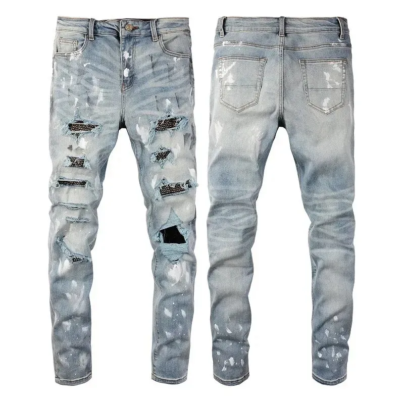 Kék High Street Lyukak átlátszó kristályok Patchwork Stretch karcsúsított strasszok foltok Szomorú szakadt graffiti farmerek Férfi — image 10