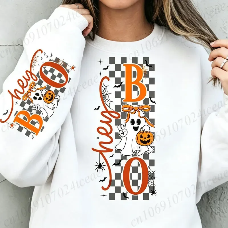 Sweat-shirt unisexe Halloween Hey Boo, mignon nœud fantôme citrouille graphique col rond manches longues décontracté automne pull en coton 330gsm