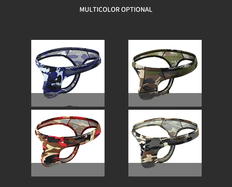 Men's Camo Print thong Gay Underwear Breathable 3D-Pouch Men G-String Bikini Elastic Waistband T-pants Seamless Male T-back