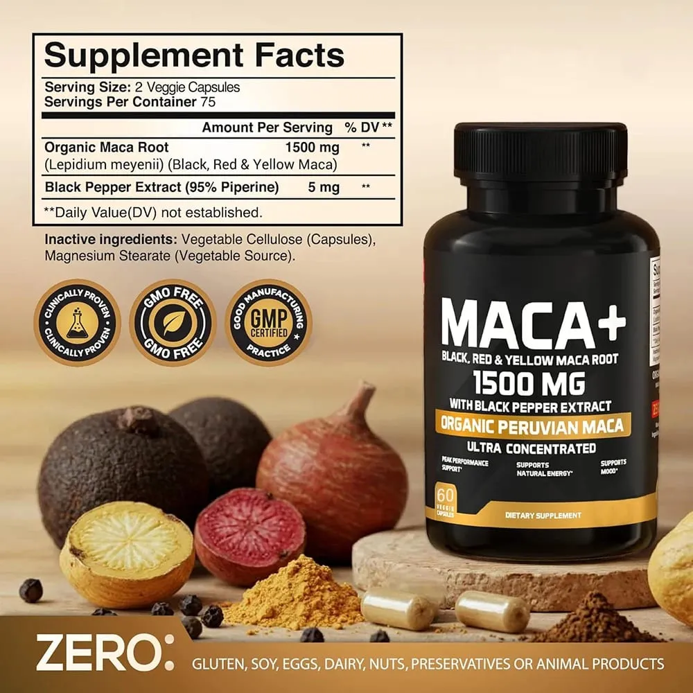 Βιολογικές κάψουλες Maca Root Powder 1500mg με Μαύρο+Κόκκινο+Κίτρινο Περουβιανό συμπλήρωμα ρίζας Maca για άνδρες και γυναίκες - Vegan χάπια — image 2