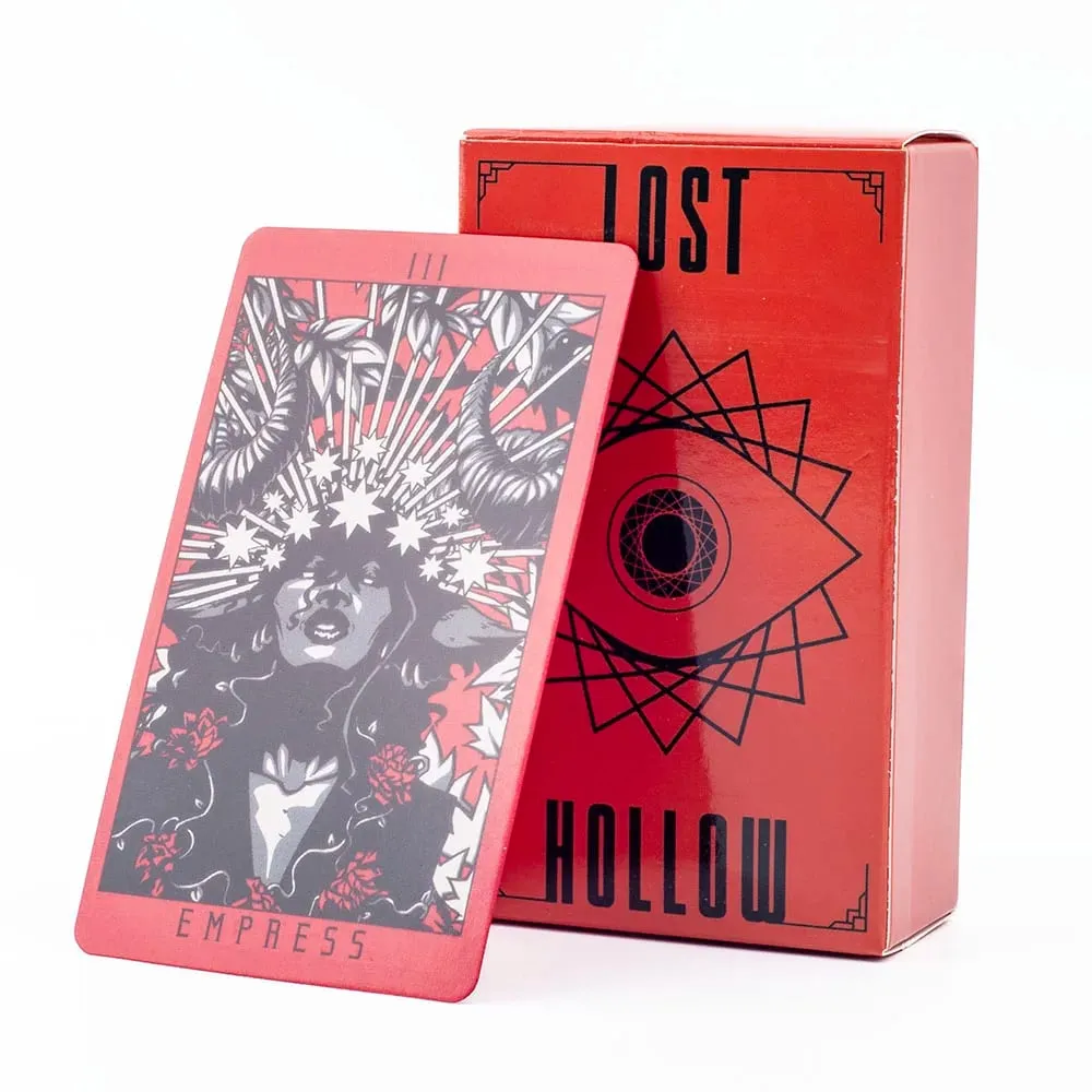 Lost Hollow Tarot 80 kártyás játékkészlet útmutatóval - piros aranyozott élekkel, tökéletes családi bulikhoz, kompakt méret 10,3x6 cm