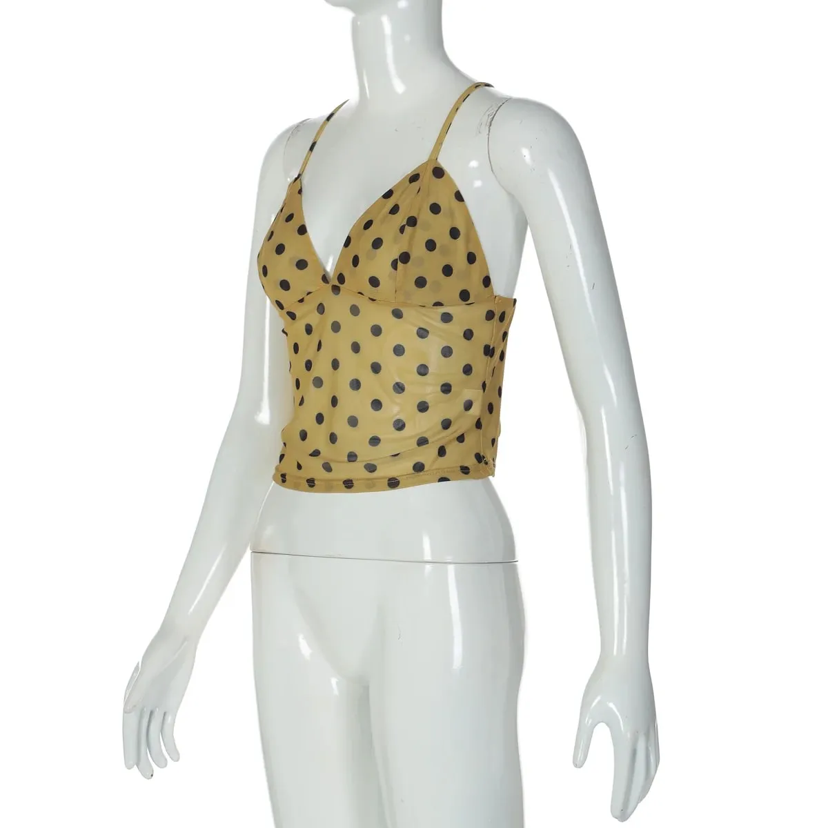 Hugcitar Spot Print V λαιμόκοψη Slips χωρίς πλάτη κορδόνια επάνω Sexy See Through Slim Crop Tank Top Women Fashion Outfit Vacation Party Club