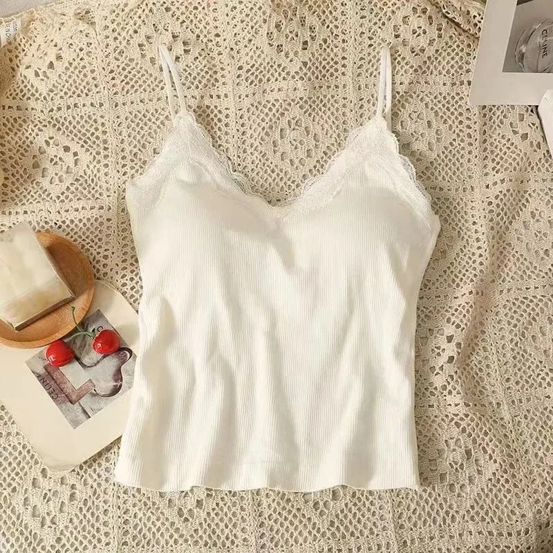 Women Sleeveless Tank Tops Solid Color Korean Version V Neck Slim Fashion Lace Stitching With Chest Pad Camisole