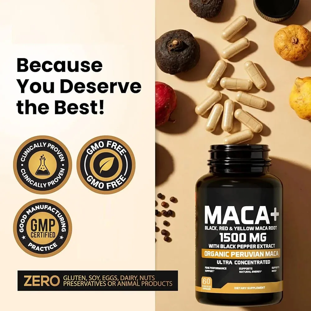 Βιολογικές κάψουλες Maca Root Powder 1500mg με Μαύρο+Κόκκινο+Κίτρινο Περουβιανό συμπλήρωμα ρίζας Maca για άνδρες και γυναίκες - Vegan χάπια — image 6