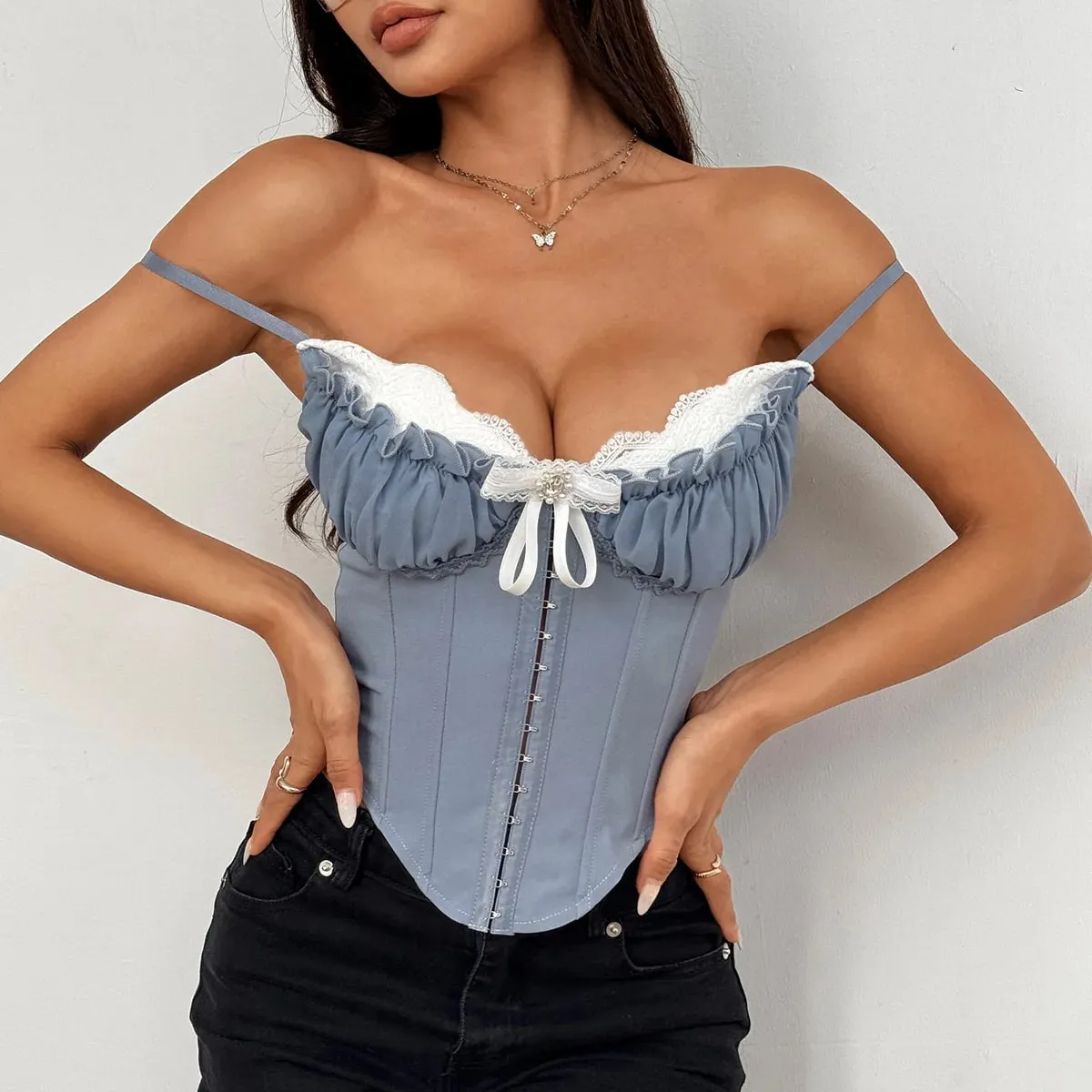 Szexi V nyakú, Y2K Crop felsők Csipke patchwork, redőzött, masnis fűző felső Szexi hát nélküli, karcsú camisole testforma halcsont mellszobor