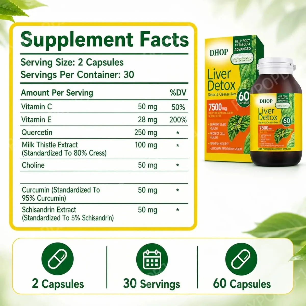 Milk Thistle Liver Health Capsules 60 Count with Vitamin C E Choline Curcumin- Υποστηρίζει την υγιή λειτουργία του ήπατος — image 3