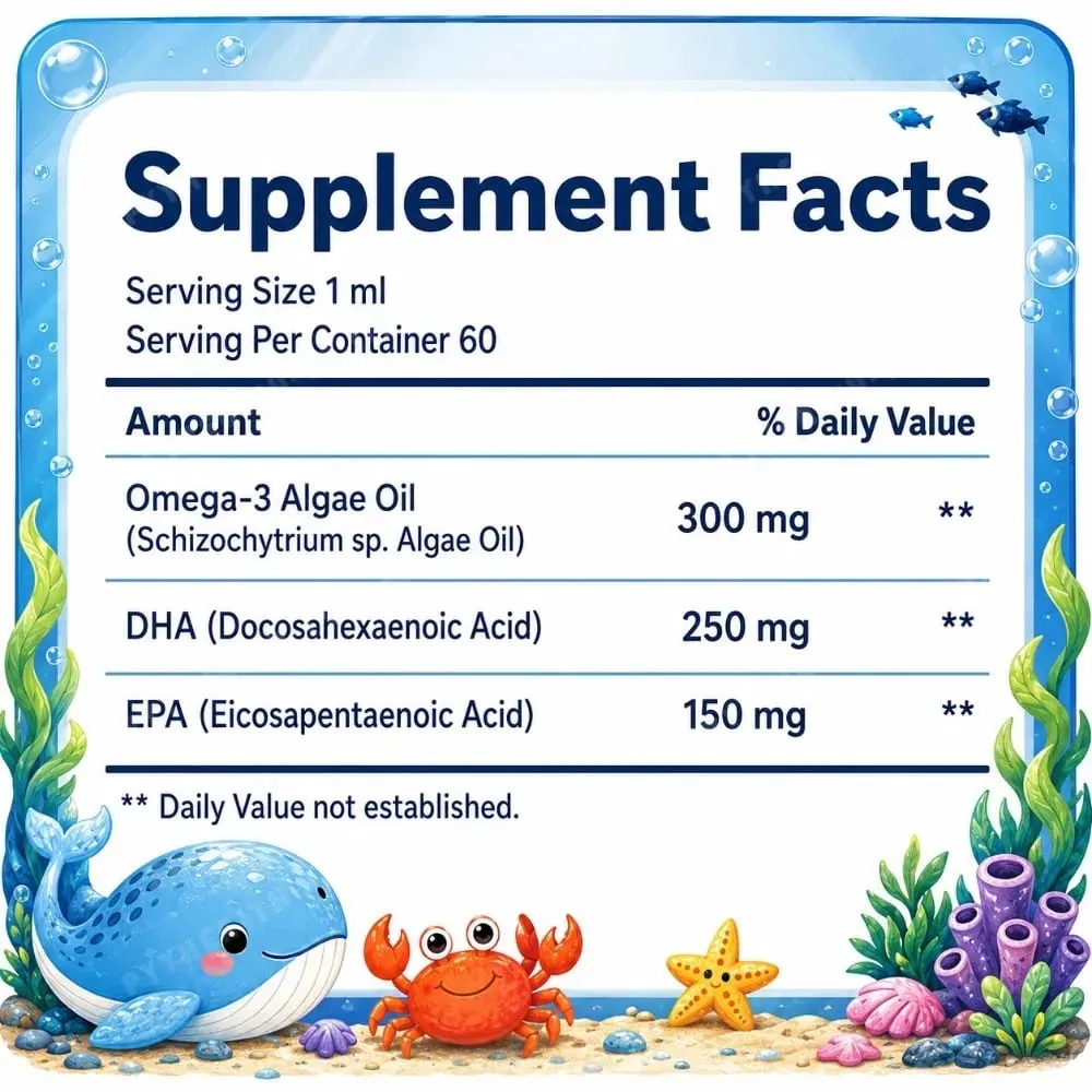 Docteat növényi alapú omega-3 algaolaj DHA EPA folyékony cseppek gyerekeknek agy egészsége Vegán, nem GMO-mentes napi táplálkozás narancs 60 adag