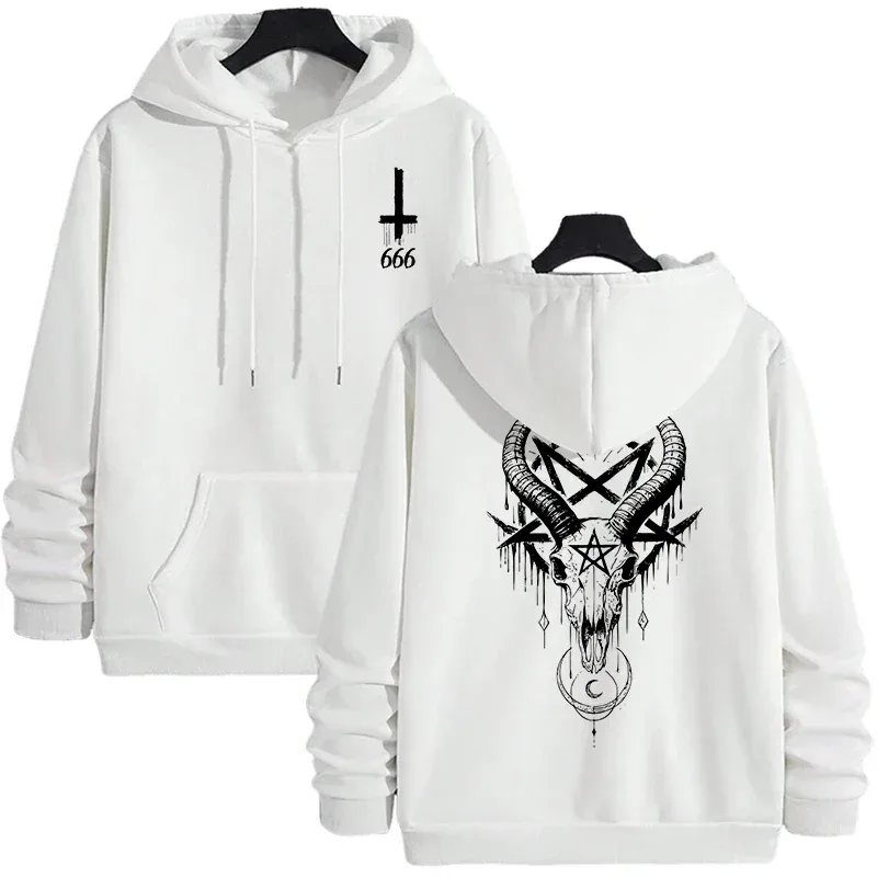 Musim Gugur Musim Sejuk Lelaki Topi Pullover Kasual 666 & Salib Terbalik Hoodies Gothic Lelaki Bercetak Seram Setan Baju Jalanan — image 19