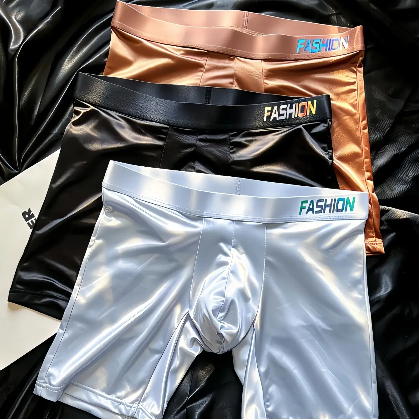 Men's Glossy Satin Long Leg Boxer Briefs Gradient Fashion Waistband Ultra Smooth Soft High Elastic Low Rise Male Underwear