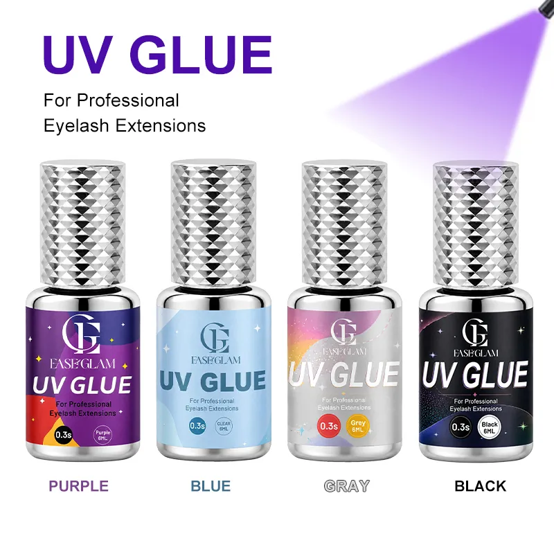 Κόλλα βλεφαρίδων EaseGlam 0.3S UV για προέκταση βλεφαρίδων Χαμηλού ερεθισμού Ισχυρή κόλλα βλεφαρίδων με υπεριώδη ακτινοβολία για μακιγιάζ Μαύρη μωβ κόλλα Led 4 Χρώμα