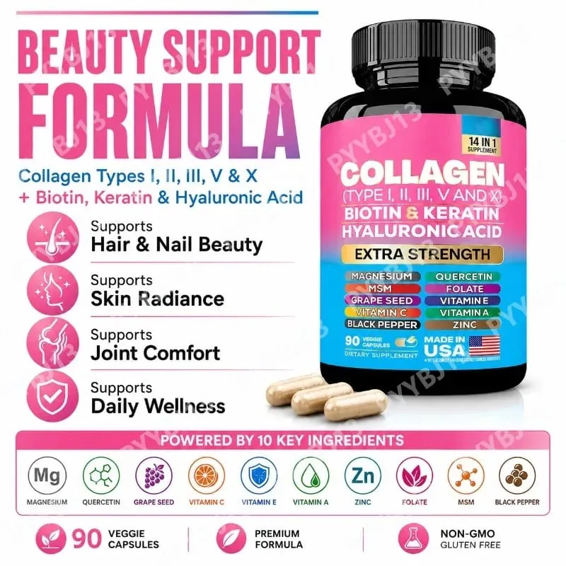 Collagen Biotin Keratin Hyaluronic Acid Capsules Extra Strength with Vitamin A C E and Zinc Skin Health 90 Κάψουλες — image 4