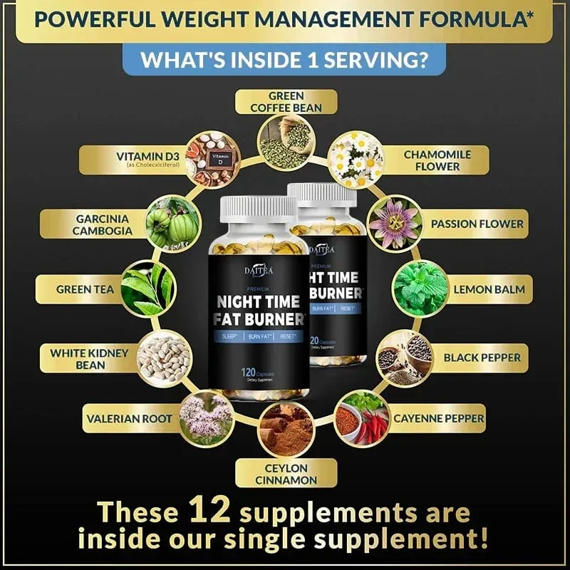 Daitea Night Fat Burning Supplement - with Vitamin D3 Green Coffee Beans Green Tea Natural Plants - Sleep & Weight Management