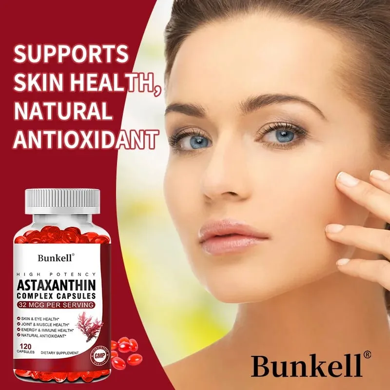 Bunkell Vegan Astaxanthin with Fish Oil & Antratic Krill Oil Antioxidant Supports Eye Skin Cellular Health Non-GMO Capsules