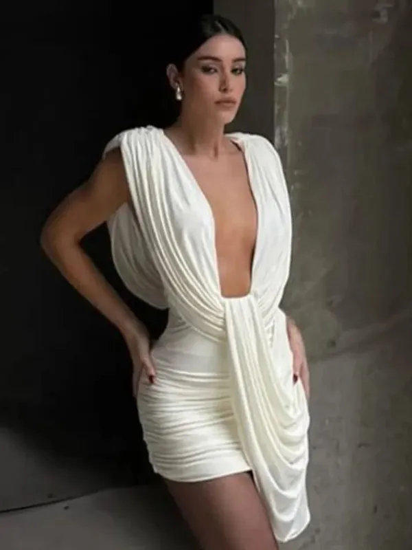 Κομψό αμάνικο πλισέ λεπτό μίνι φόρεμα Γυναικείο Σέξι μονόπλευρο εξώπλατο κούφιο στρογγυλό γιακά φορέματα Lady Evening Party Vestidos