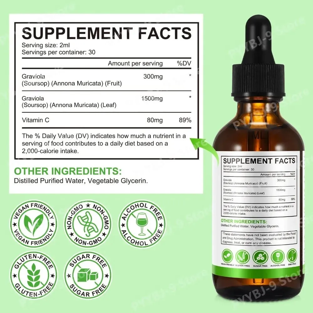 Acentiallabs Hot Sale 60ml Soursop Bitter Liquid Drops Dietary Supplements 100% Pure Organic Soursop Graviola Extract for Adlut