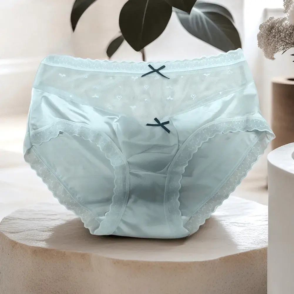 Men Satin Lace Brief Underwear Sweet Bow Decoration Sheer Mesh Waistband Scalloped Lace Trim Soft Smooth Fabric Sexy Male Briefs