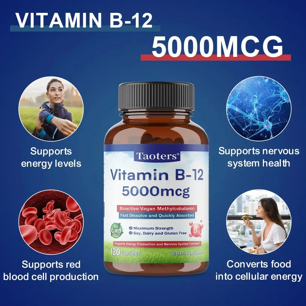 Vitamin B12 Capsules 5000 Mcg Bioactive Vegan Methylcobalamin Supports Energy Production and Nervous System Function