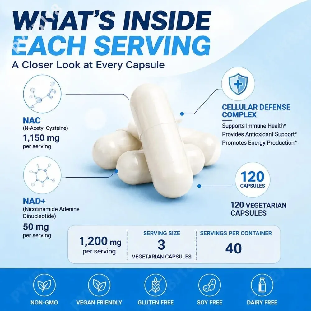 NAC 1150mg NAD+ 50mg Κάψουλες Σύμπλεγμα Κυτταρικής Άμυνας για Αντιοξειδωτική Υποστήριξη Ανοσοποιητικής Υγείας & Παραγωγή Ενέργειας Non-GMO 120 Ct — image 6