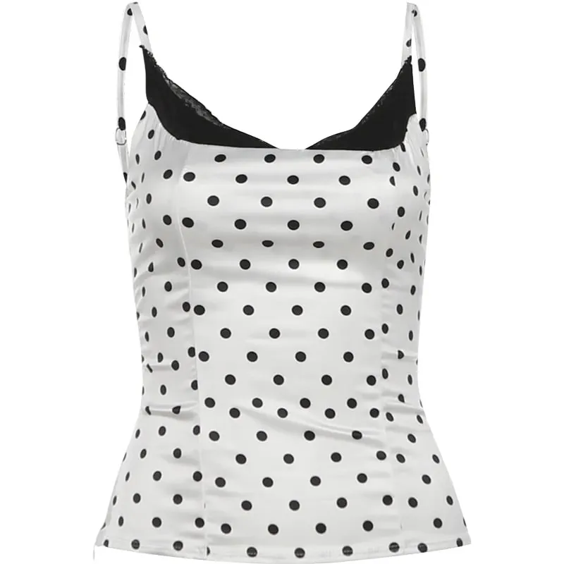 Furcsa punci szexi csipke patchwork camisole női divatos elegáns, pöttyös szögletes gallér Skinny Y2K hottie utcai parti klubmellény