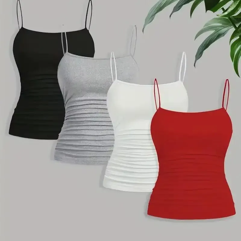 Γυναικείο Κομψό Λεπτό λουράκι Ruched Cami Top Slim Fit Αμάνικο Camisole Soft Stretch Βασικό γιλέκο τανκ Καλοκαιρινή μόδα Εσώρουχα Μαύρο — image 10