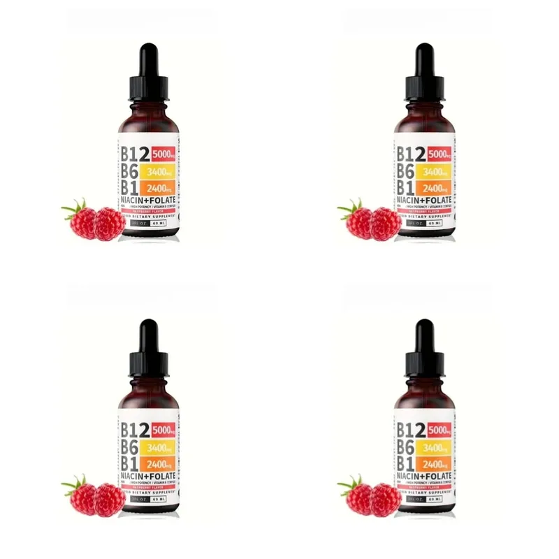 Vitamin B12 Liquid Drops 60ml Raspberry Flavor with Vitamin B6+B1 Etc Multivitamin Support Energy Recovery & Brain Heart Health